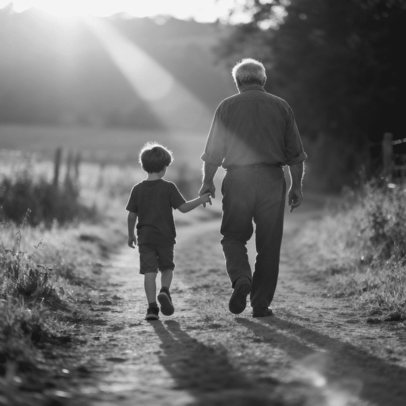 Bambino e nonno camminano insieme.
